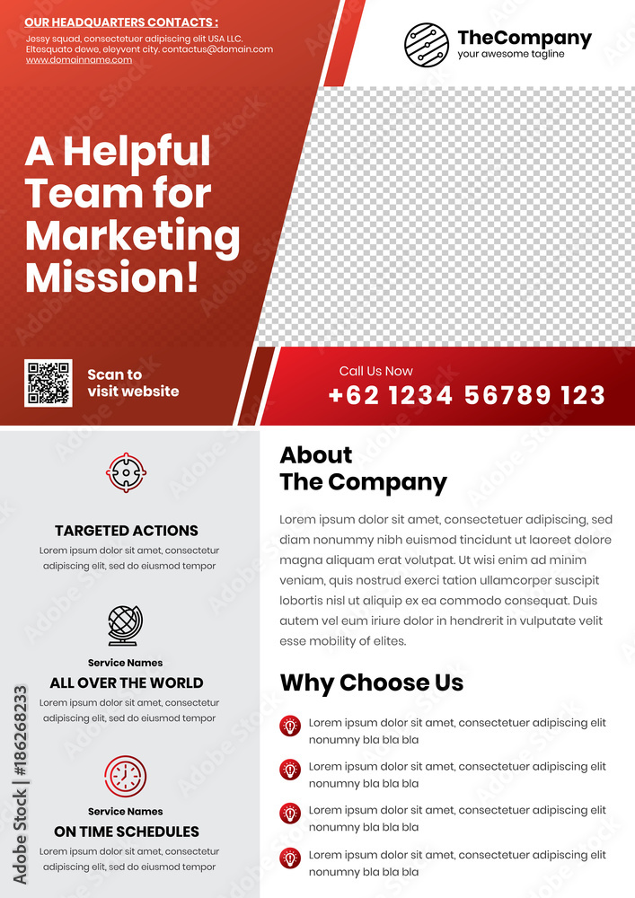 A4 Marketing Flyer template left title and left side service list style 10 in red color