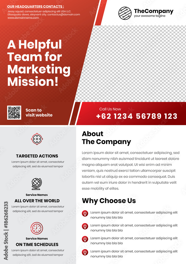 A4 Marketing Flyer template left title and left side service list style 10 in red color A4 Marketing Flyer template left title and left side service list style 10 in red color