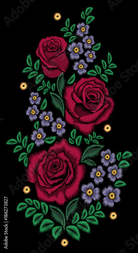 Decorative vector pattern of flowers. Red roses in a bouquet with the coal lines, or as embroidery zigzag. Floral print photo