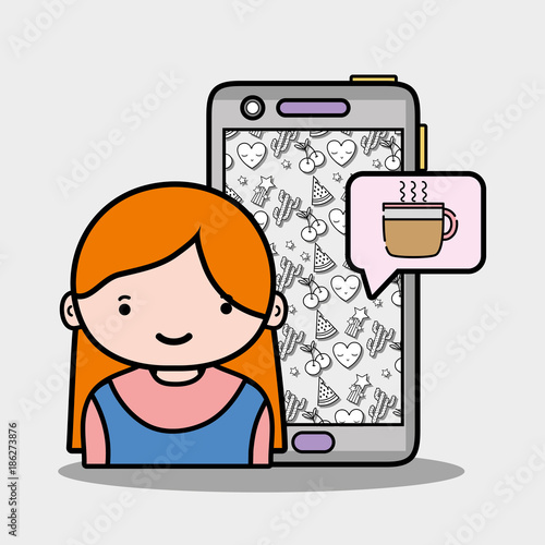 girl with smartphone and coffe cup chat