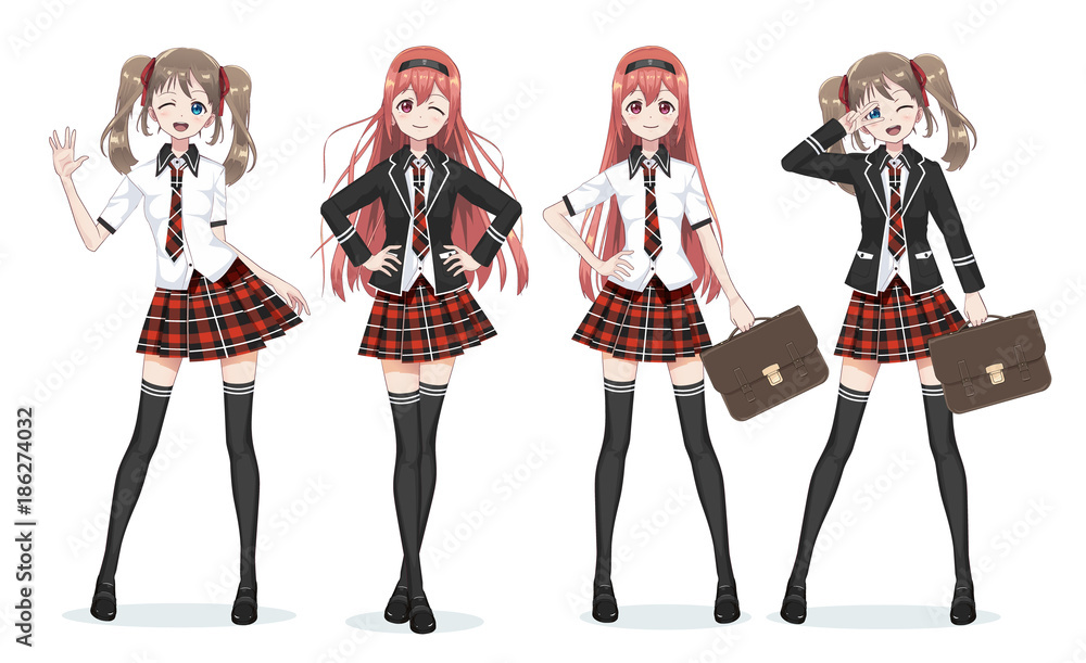 Beautiful anime manga schoolgirl in skirt Stock Vector | Adobe Stock