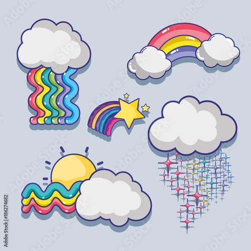 set cute rainbows with clouds design