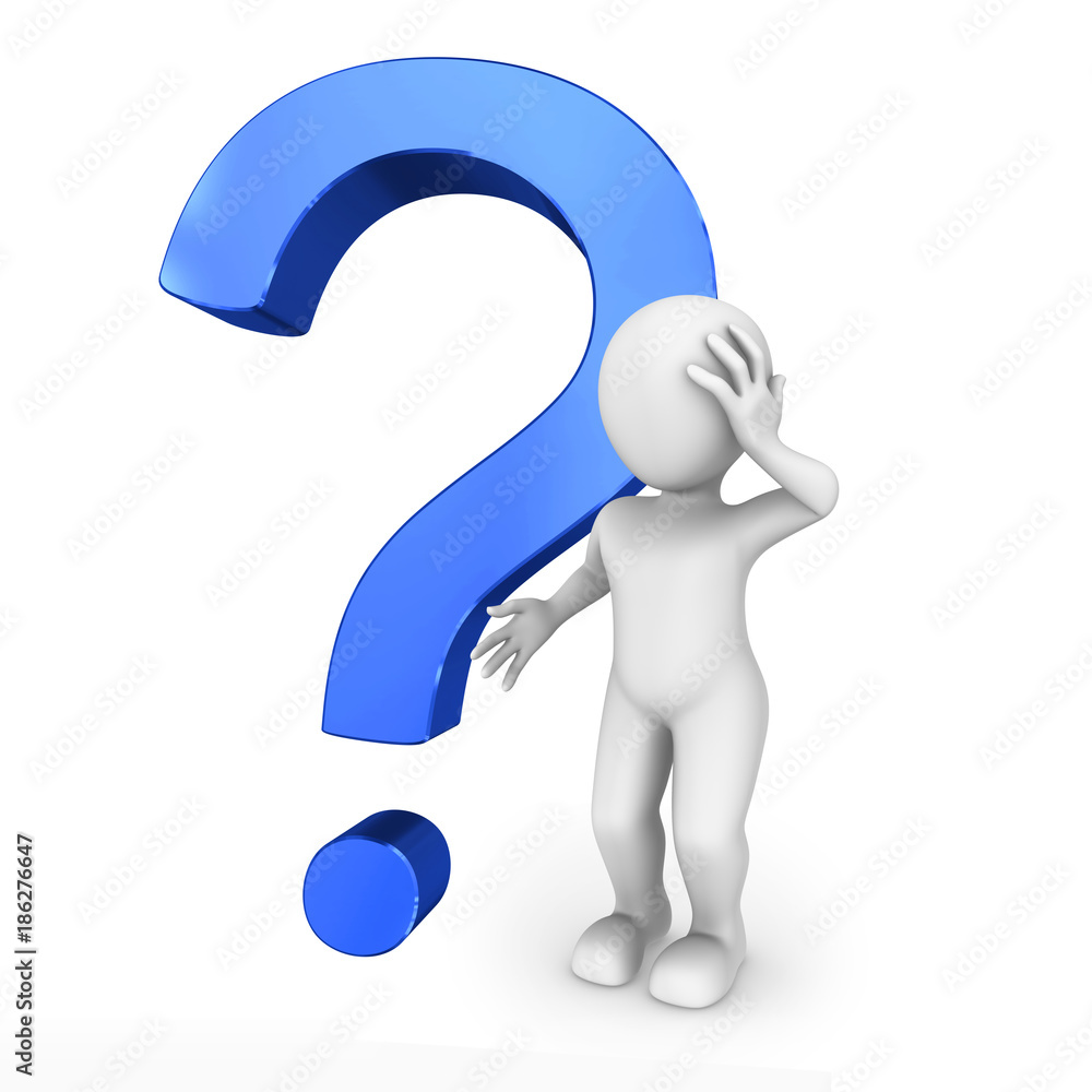 3d white man with big blue question mark.