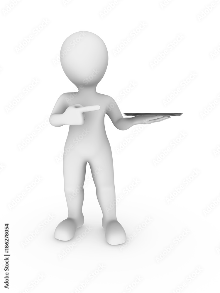 3d white man pointing finger at tray 3d white man pointing finger at tray