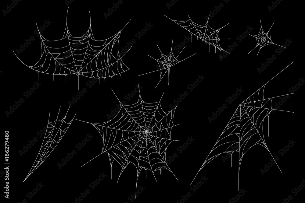 Cobweb set for Halloween design,  isolated on black background.  Vector illustration