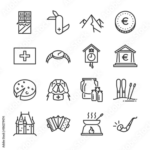 Switzerland icon set. Included the icons as rescue dog, milk, chocolate, cheese, alps mountain, euro coin, castle and more.