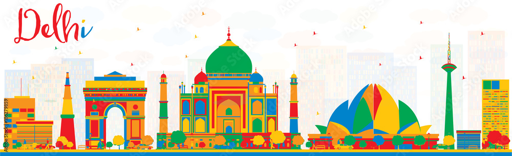 Delhi India Skyline with Color Buildings.