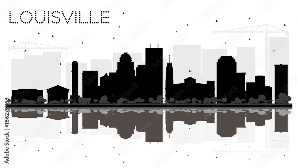 Louisville Kentucky USA City skyline black and white silhouette with Reflections.