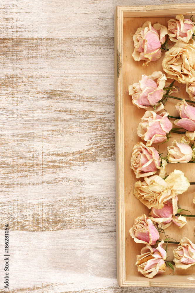 Drying of roses in wooden tray Drying of roses in wooden tray