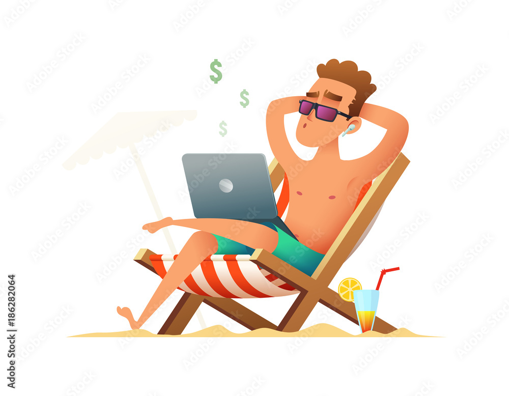 Man sitting on a lounger and working on the computer. Freelancer gets paid, sitting and relaxing on the beach on weekends or holidays. Business man summer vacation work. Man sitting on a lounger and working on the computer. Freelancer gets paid, sitting and relaxing on the beach on weekends or holidays. Business man summer vacation work.