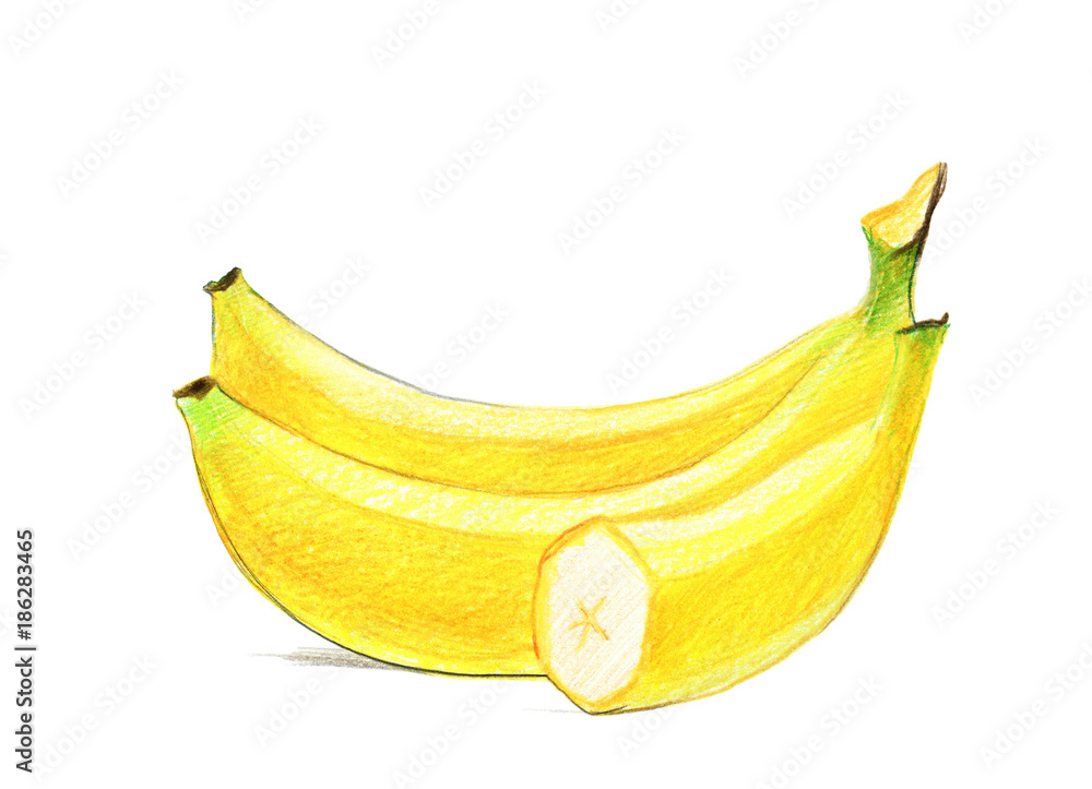 Image of a bunch of bananas. Drawing with colored pencils, isolated on