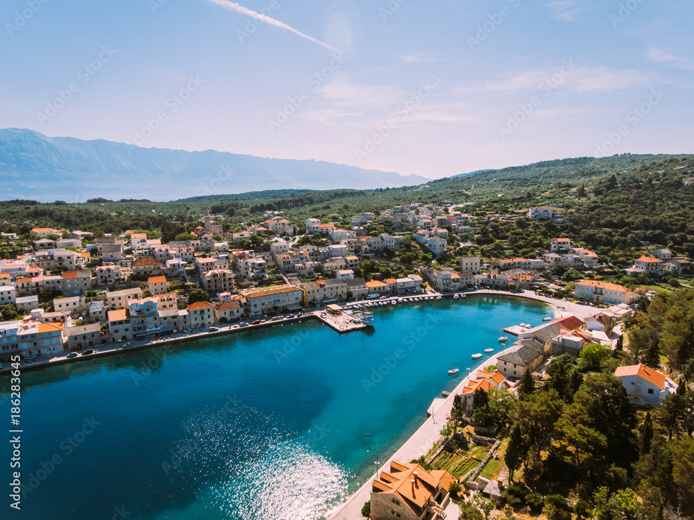 Fototapeta premium Aerial - High ange view of village. Small Adriatic town