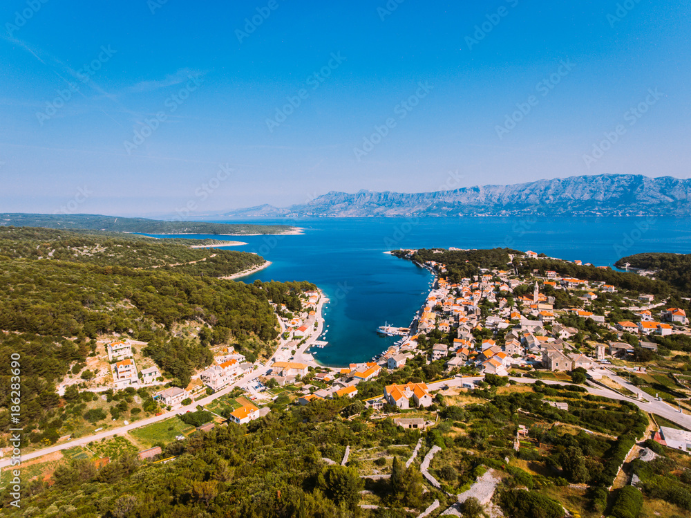 Aerial - High ange view of village. Small Adriatic town