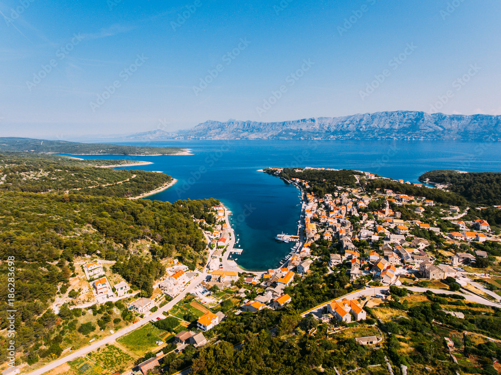 Aerial - High ange view of village. Small Adriatic town