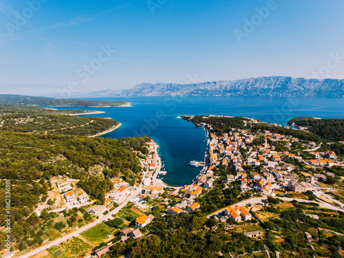 Aerial - High ange view of village. Small Adriatic town