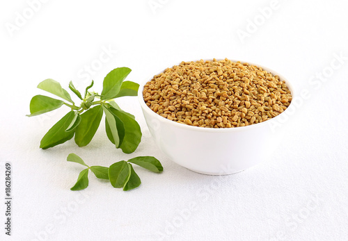 Methi or fenugreek seeds in a bowl and in the background are methi leaves.