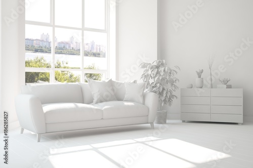 Idea of white room with sofa and summer landscape in window. Scandinavian interior design. 3D illustration