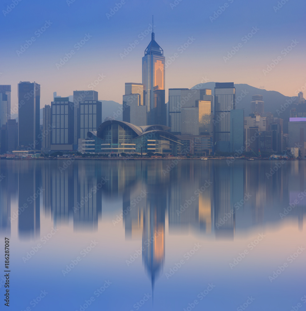 Hong Kong city skyline reflection.