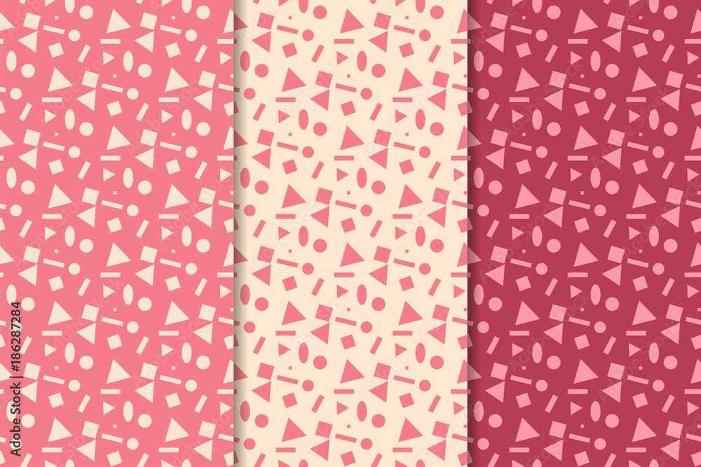 Set of geometric ornaments. Cherry red seamless patterns Set of geometric ornaments. Cherry red seamless patterns