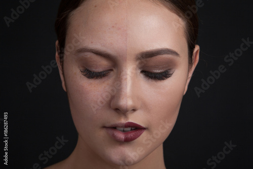 Woman with make-up on one side of the face and without make-up on the second side of the face. Before and after makeup.