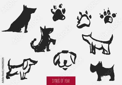 Fototapeta Naklejka Na Ścianę i Meble -  Set of dog element silhouettes isolated on white background. Concept chinese zodiac symbol of 2018 year. Sketch traditional vector illustration.