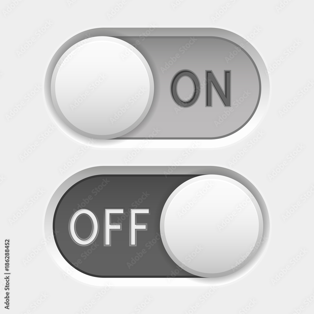 On and Off icons. Toggle switch interface buttons. Gray elements On and Off icons. Toggle switch interface buttons. Gray elements