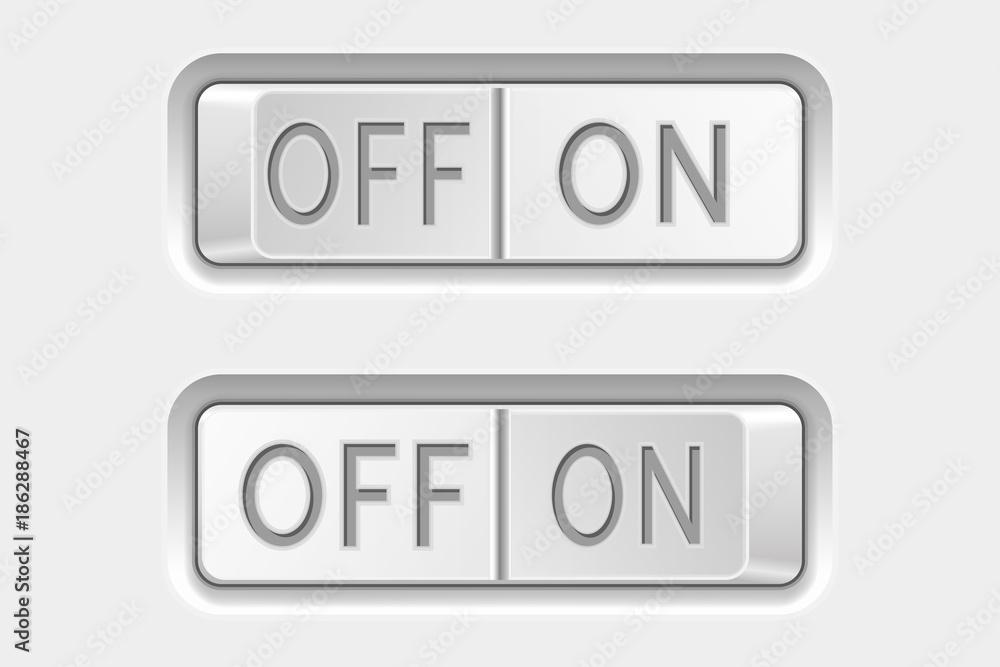 On and Off toggle switch buttons. White interface elements On and Off toggle switch buttons. White interface elements