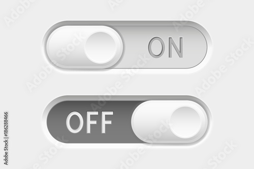 On and Off long oval icons. Toggle switch interface buttons. Gray elements