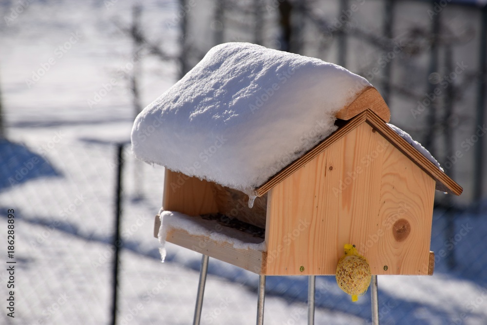 Vogelhäuschen mit frischem Schnee bedeckt und von der Sonne beschienen Vogelhäuschen mit frischem Schnee bedeckt und von der Sonne beschienen