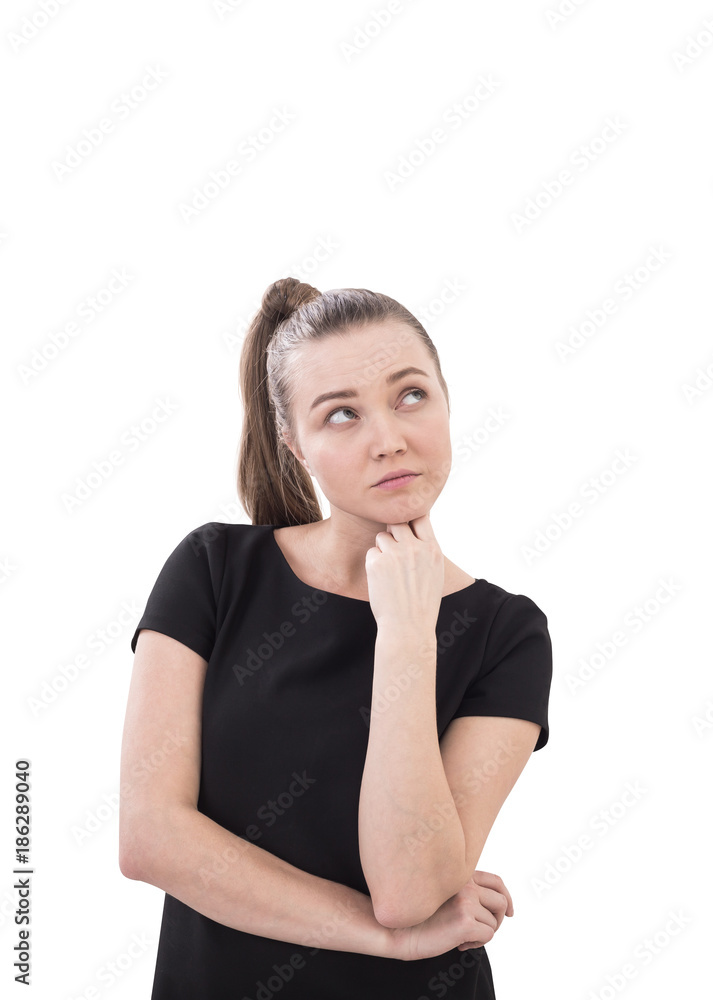Pensive woman in T shirt, isolated Pensive woman in T shirt, isolated