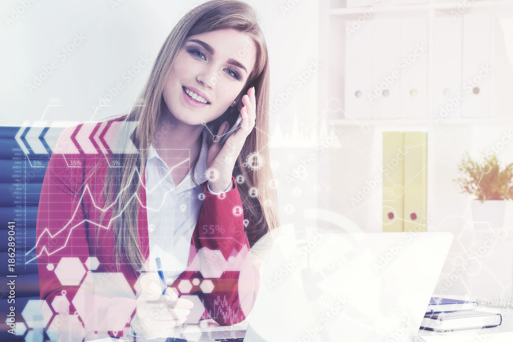 Smiling woman on phone in office, infographics Smiling woman on phone in office, infographics