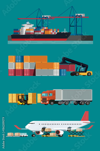 Cargo logistics transportation, container ship and cargo plane with working crane import export transport industry and forklift truck. illustration vector