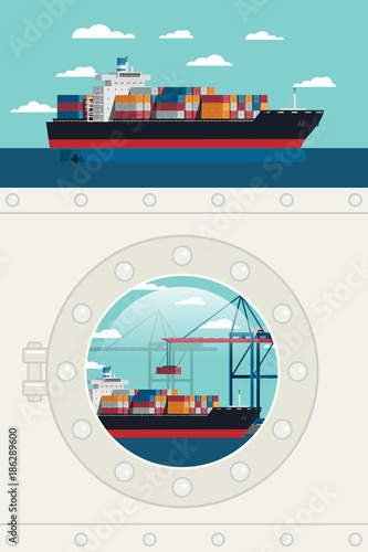 Ship porthole Window view loaded container at harbor and cargo ship at ocean. icon Vector illustration