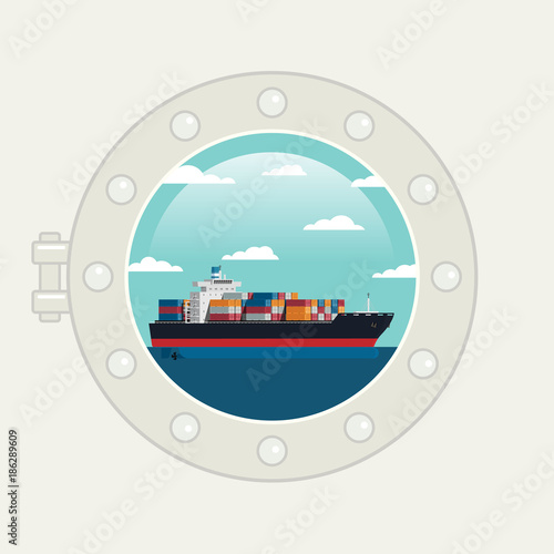 Ship porthole window cargo ship at ocean. icon Vector illustration