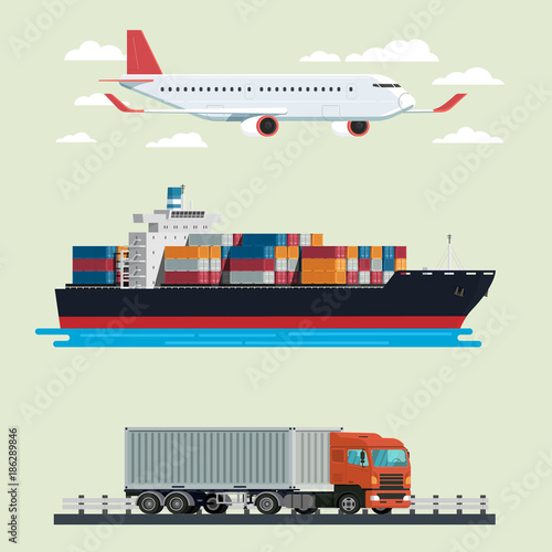Cargo logistics truck, container ship and plane travel. illustration vector
