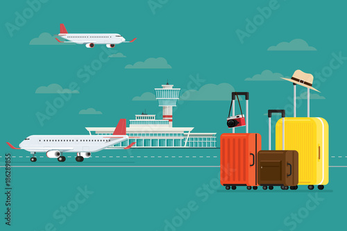 Plane at airport arrivals and departures travel sky and travel suitcases, Vector Illustration