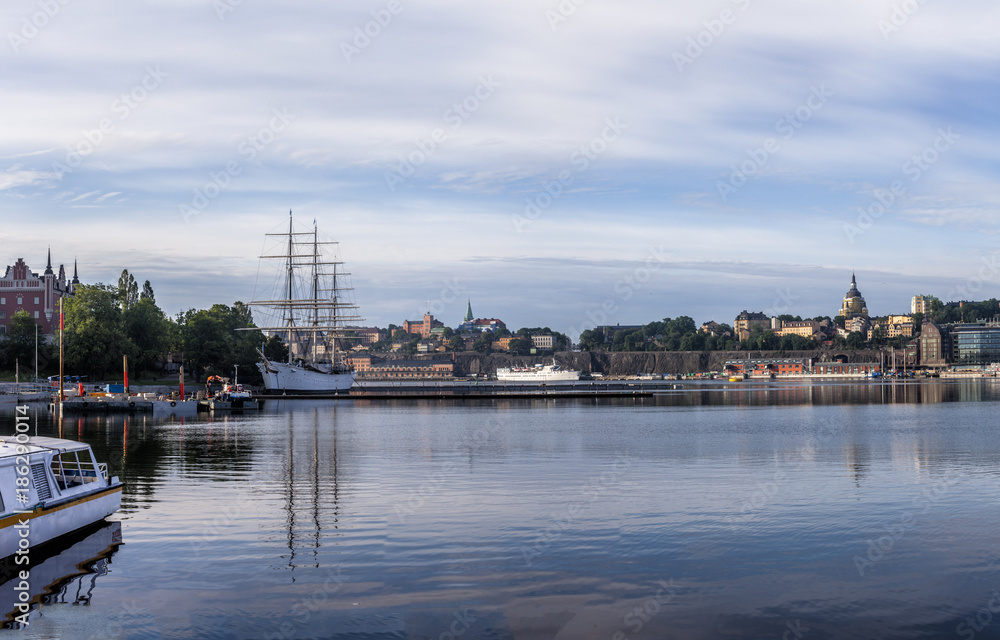 Stockholm daylight skyline panorama with stationary tall ship hotel