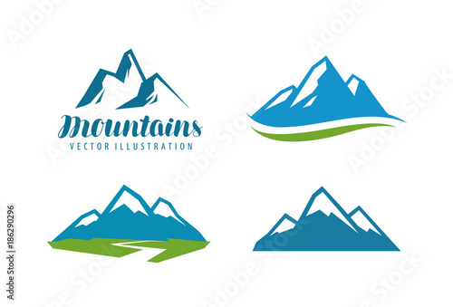 Mountains, rock logo or label. Mountaineering, climbing, alpinism icon. Vector illustration