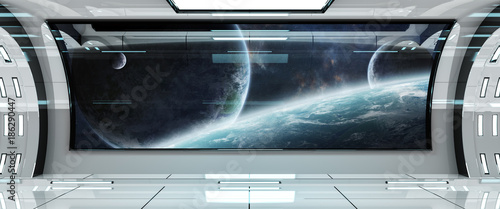 Fototapeta Naklejka Na Ścianę i Meble -  Spaceship interior with view on planets 3D rendering elements of this image furnished by NASA