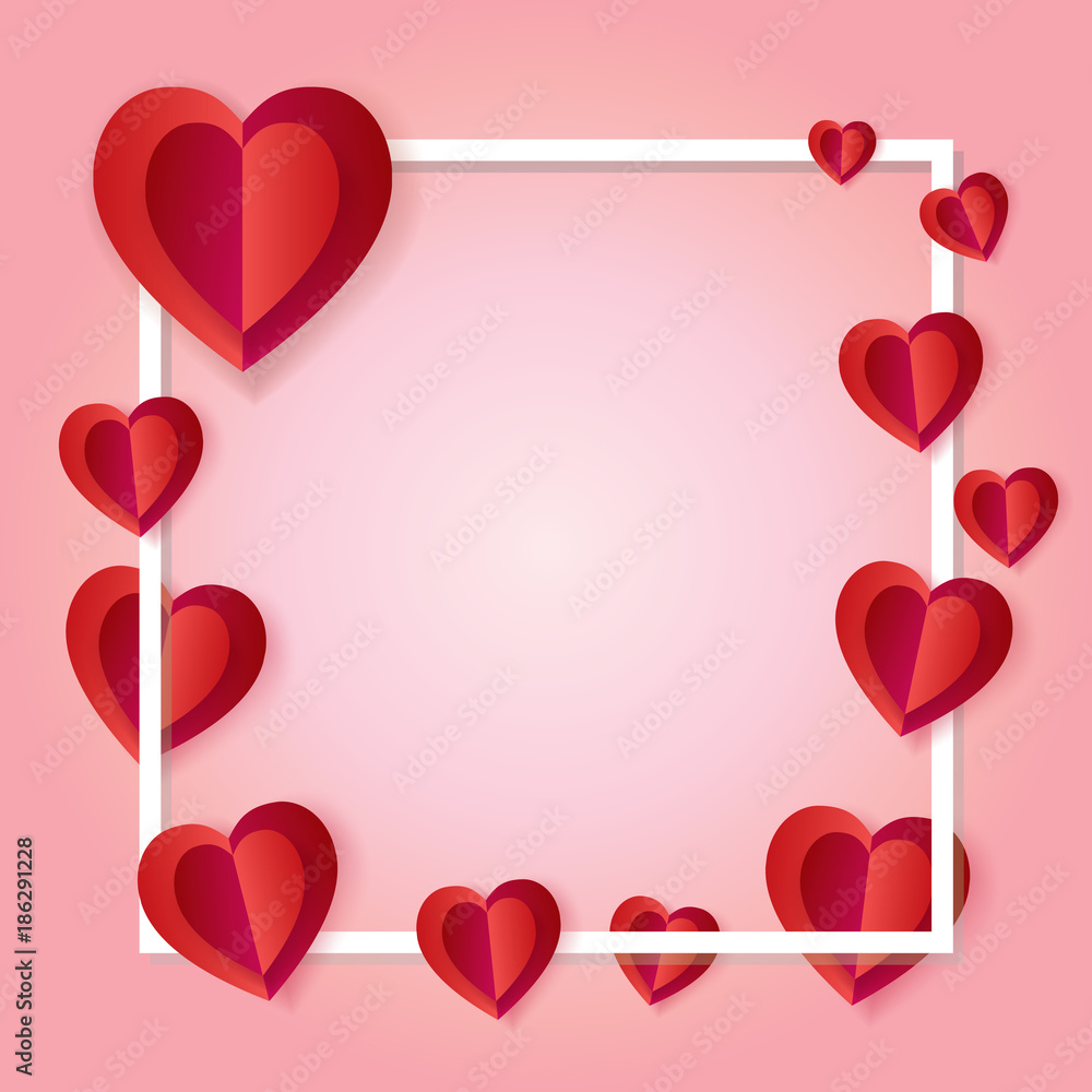 Happy Valentine's Day Decoration. Love Romance greeting card vector illustration gold frame hearts symbols modern frame.