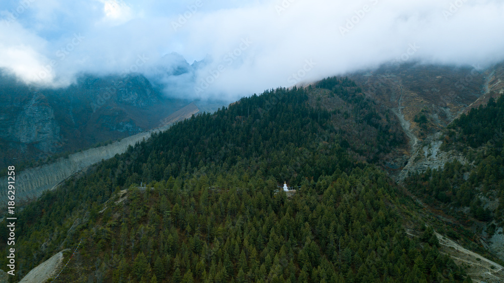 Naklejka premium Stupa in Himalayas range Nepal from Air view from drone