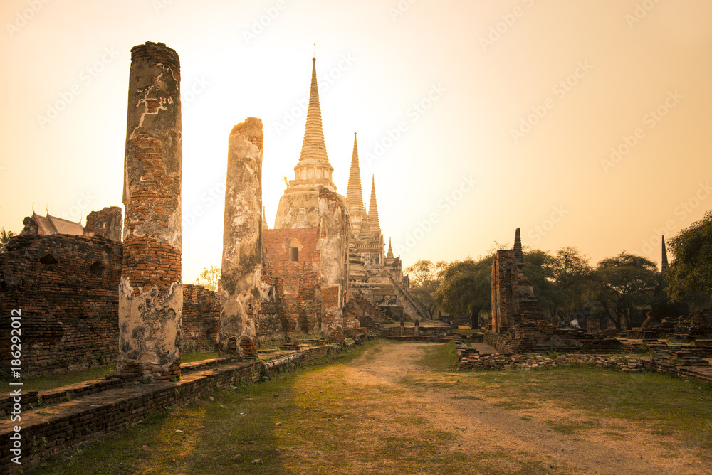 Ayutthaya historical place wat phra sri sanphet while sunset in Ayutthaya, Thailand.