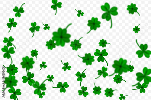 Saint Partick s Day with falling shamrocks on transparent background. St.Patricks vector card with clovers in green color. Vector illustration.