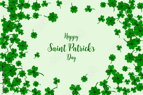 Happy Saint Partick's Day with falling shamrocks. St.Patricks vector card with clovers in green color. Vector illustration.