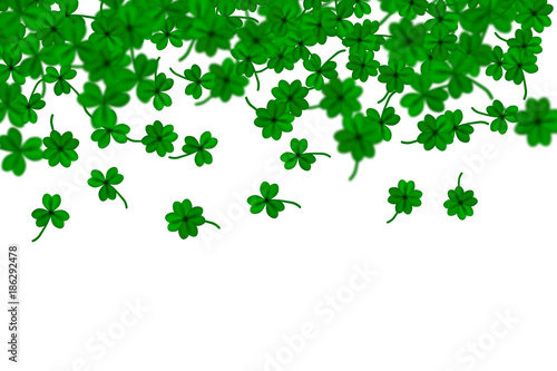 Saint Partick s Day with falling shamrocks on transparent background. St.Patricks vector card with clovers in green color.