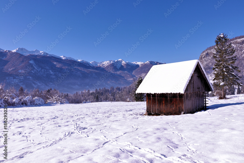 small barn on a sunny winter day