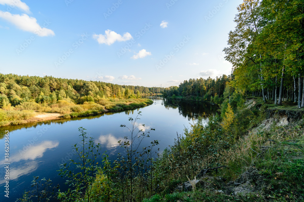 high water level in river Gauja, near Valmiera city in Latvia. summer trees surrounding