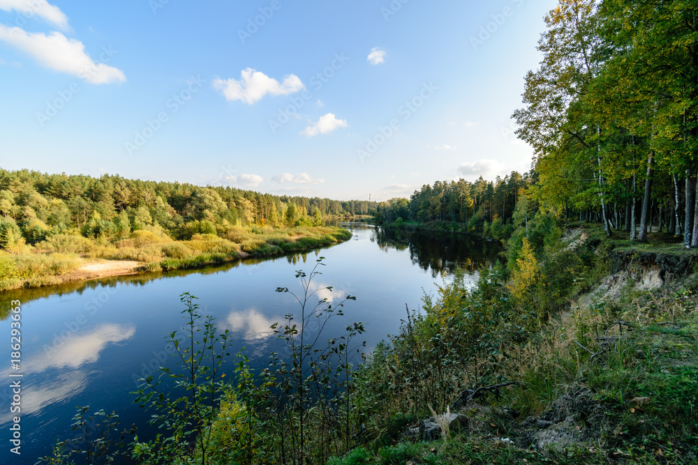 high water level in river Gauja, near Valmiera city in Latvia. summer trees surrounding high water level in river Gauja, near Valmiera city in Latvia. summer trees surrounding