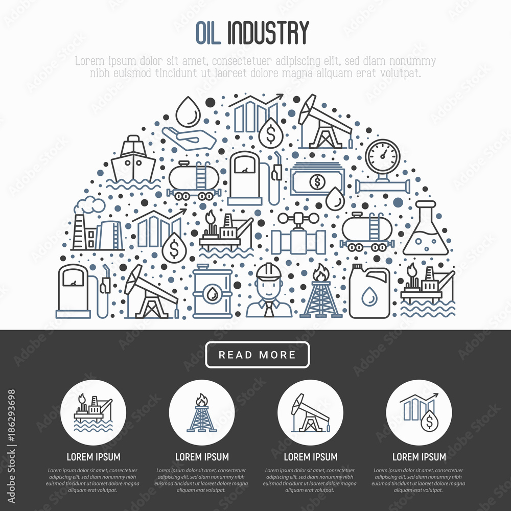 Oil industry concept in half circle with thin line icons: gas, petroleum, diesel,  truck, tanker, ship, refinery, barrel. Modern vector illustration, web page template.