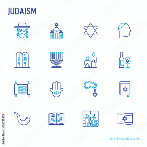 Judaism thin line icons set: Orthodox jew, star of David, sufganiyot, hamsa, candles, synagogue, skullcap, rosary, Western Wal, Tanakh. Modern vector illustration.